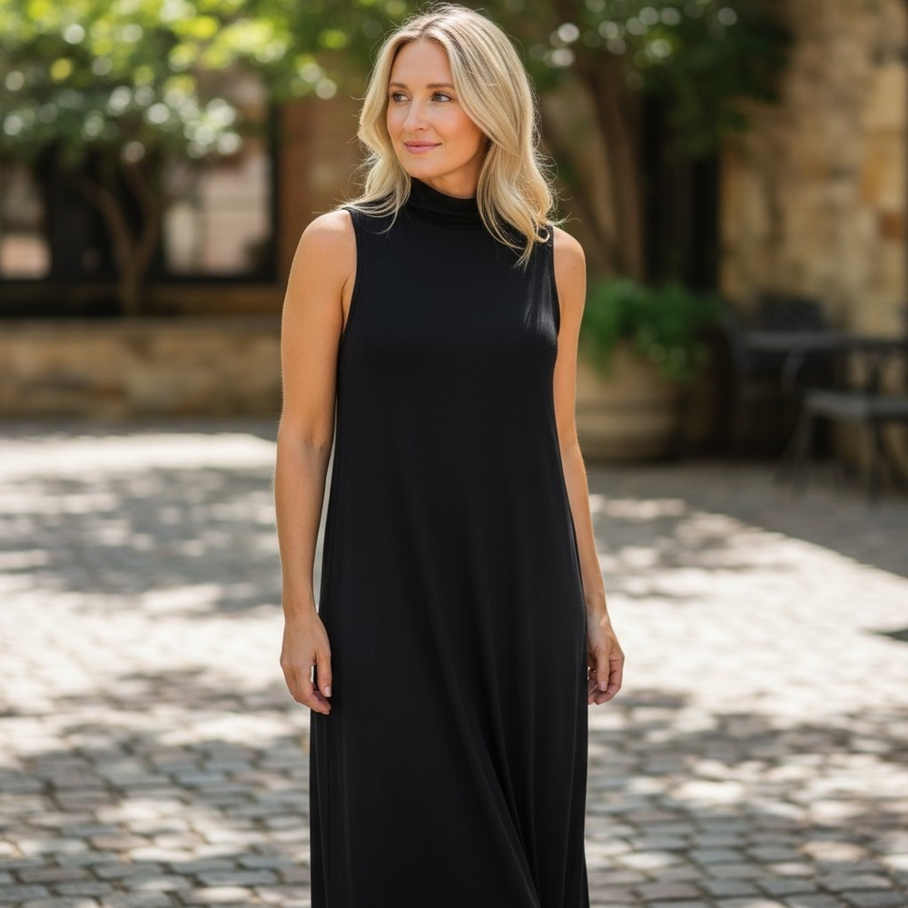 Garnet Hill Sleeveless Maxi Dress Mock Neck Black Minimalist Stretch Sz XS - Picture 3 of 14
